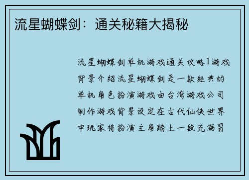 流星蝴蝶剑：通关秘籍大揭秘
